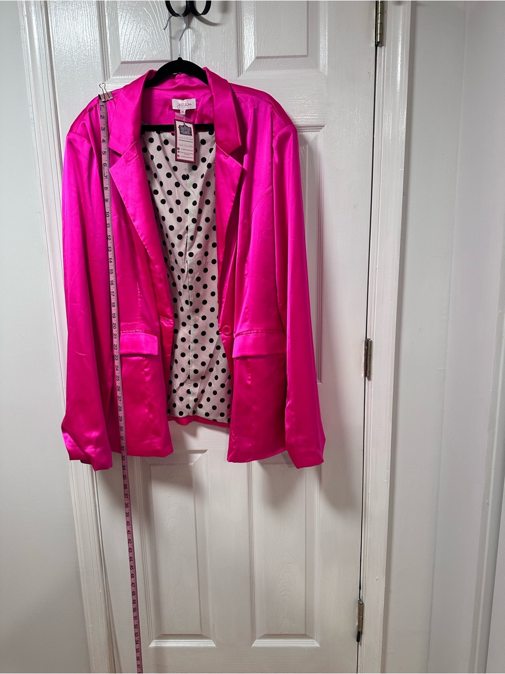 Women's Hot Pink Satin Notch-Lapel Blazer with Polka Dot Lining